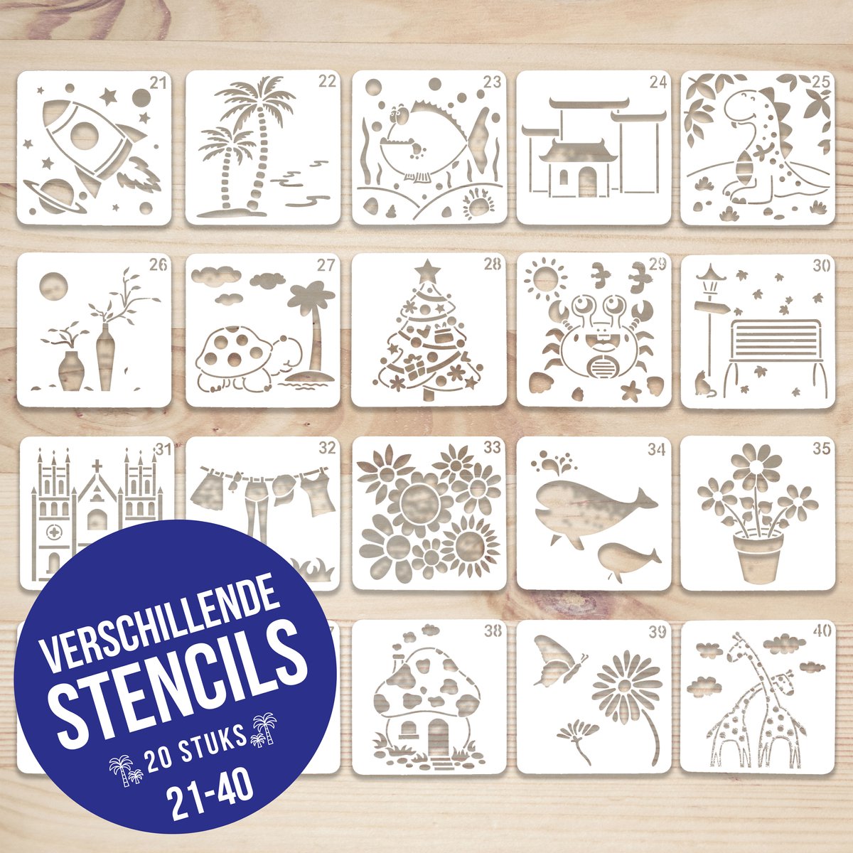 Verschillende stencils voor creatievelingen 21-40 | 20 stuks | 13x13cm | PET plastic | Herbuikbaar | Eenvoudig schoon te maken